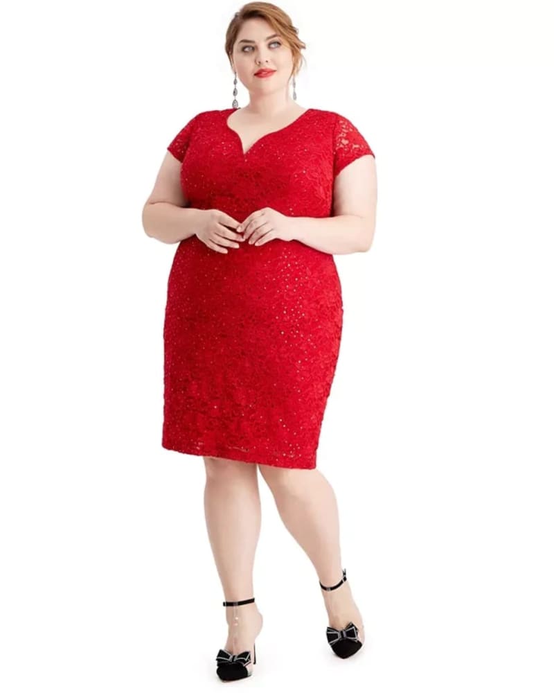 Front of a model wearing a size 14W Connected Women's Plus Metallic Sheath Dress Red Size 14W in Red by Connected. | dia_product_style_image_id:312973